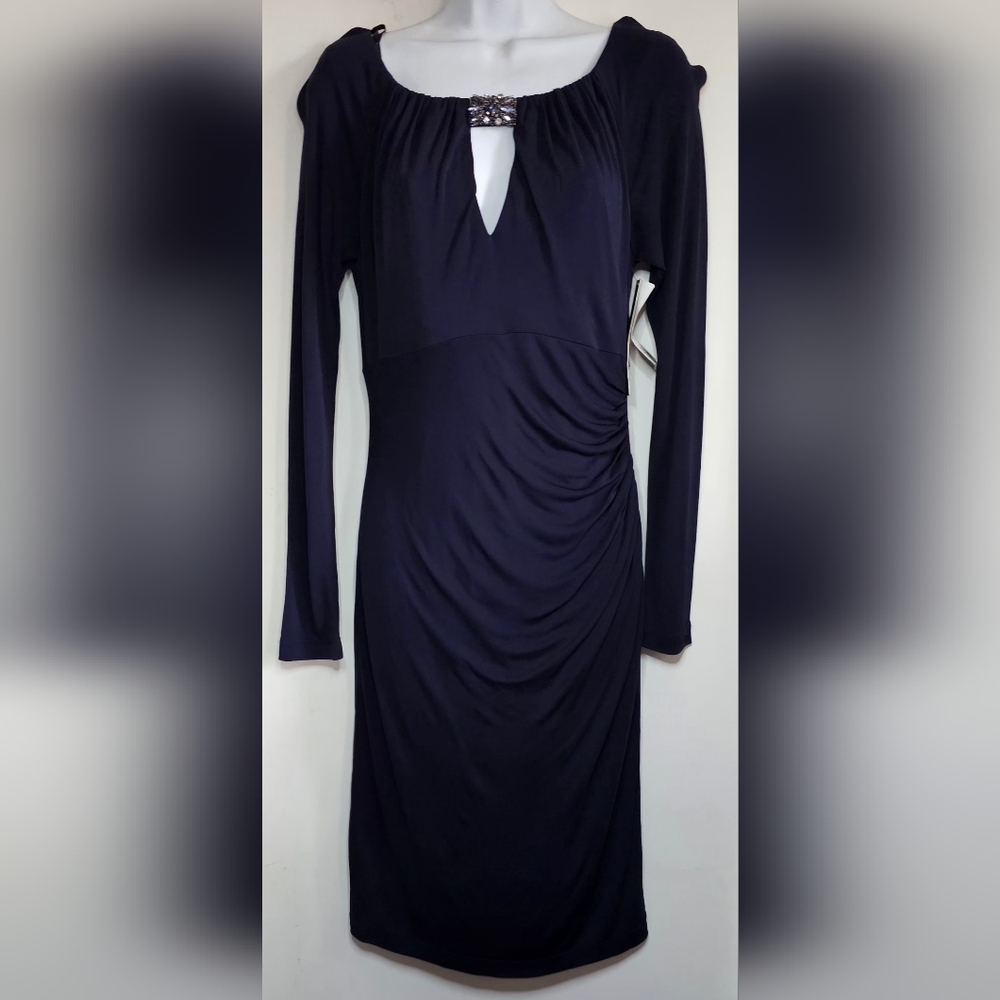 David Meister Navy Jeweled Keyhole Cocktail Dress Size 6 NWT
